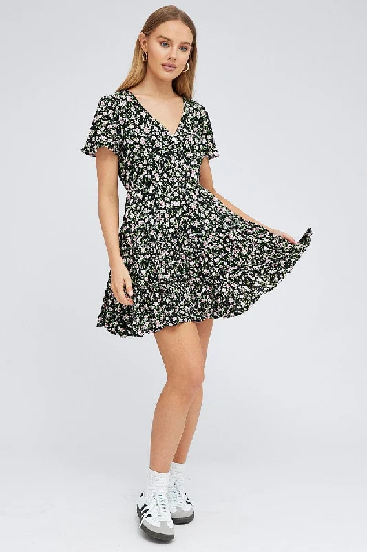 Black Floral Fit And Flare Dress Short Sleeve Mini