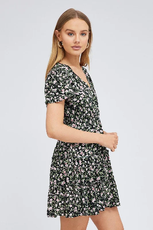 Black Floral Fit And Flare Dress Short Sleeve Mini