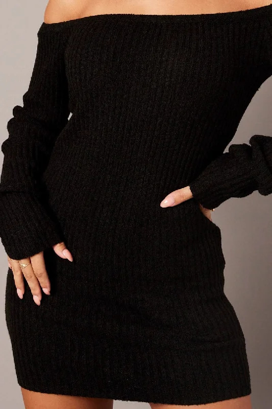 Black Knit Dress Long Sleeve Off Shoulder Mini