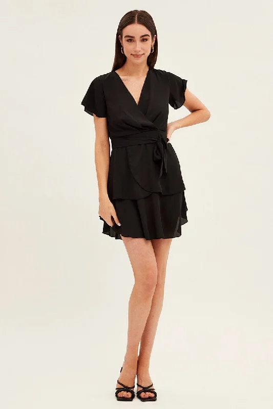 Black Short Sleeve Mini Skater Dress