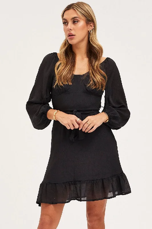 Black Skater Dress Long Sleeve Mini Ruffle