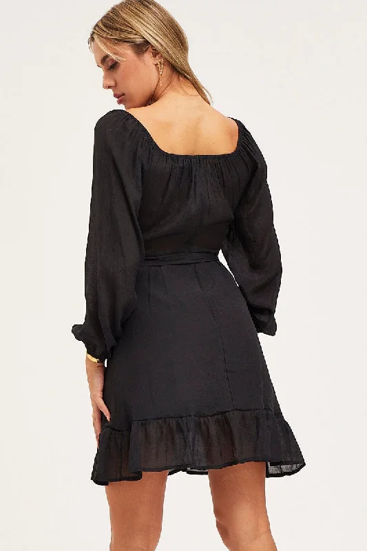 Black Skater Dress Long Sleeve Mini Ruffle