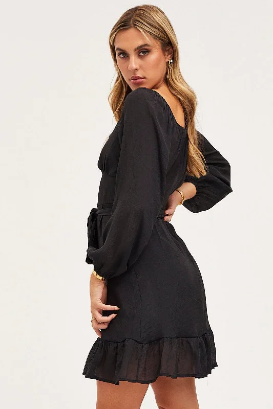 Black Skater Dress Long Sleeve Mini Ruffle