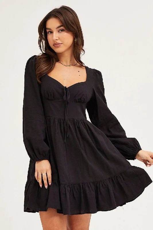 Black Skater Dress Puff Sleeve Mini