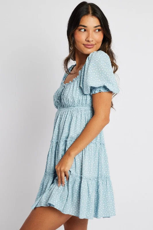 Blue Ditsy Fit And Flare Dress Puff Sleeve Mini