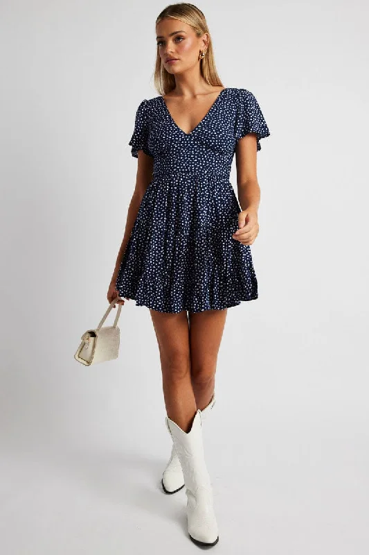 Blue Ditsy Fit And Flare Dress V-neck Mini