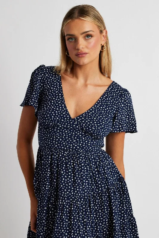 Blue Ditsy Fit And Flare Dress V-neck Mini