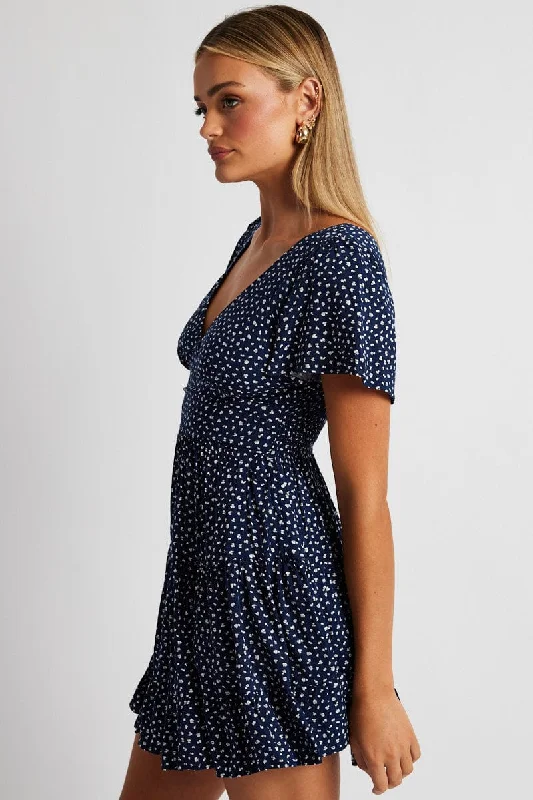 Blue Ditsy Fit And Flare Dress V-neck Mini