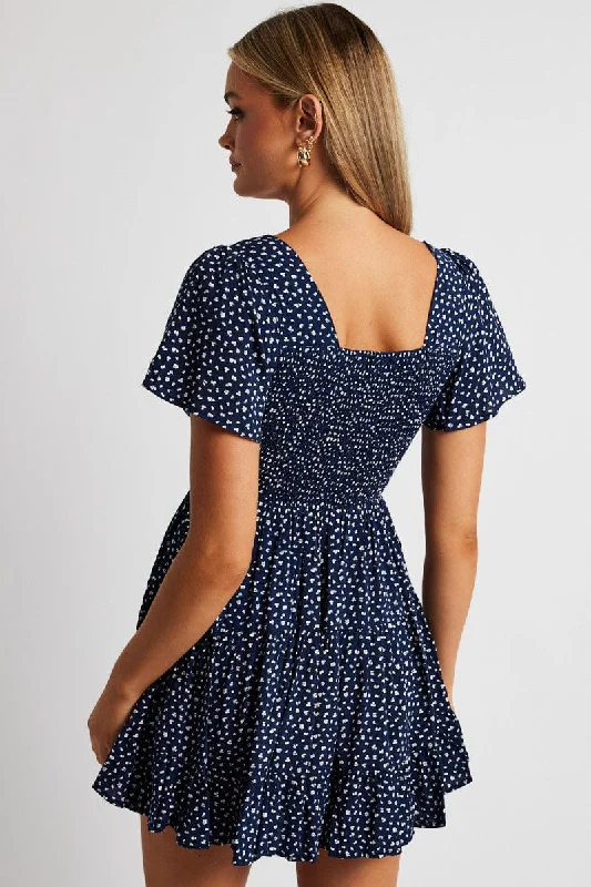 Blue Ditsy Fit And Flare Dress V-neck Mini