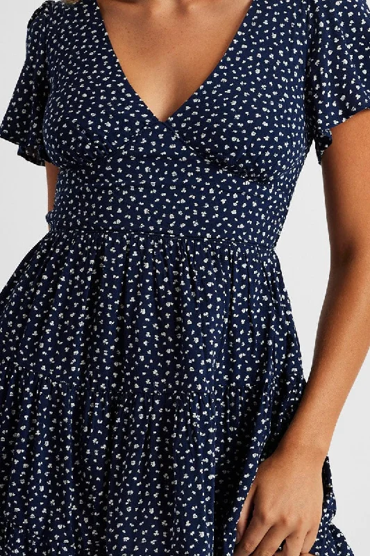 Blue Ditsy Fit And Flare Dress V-neck Mini