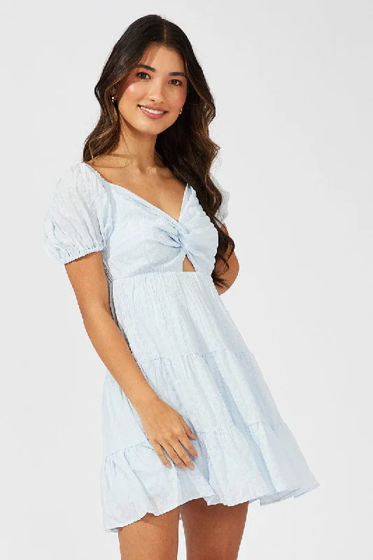 Blue Fit And Flare Dress Puff Sleeve Mini