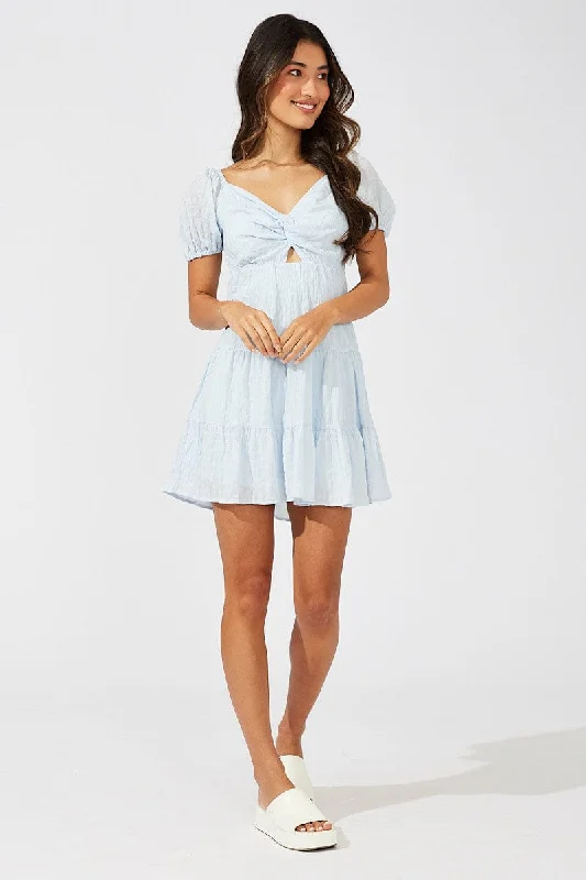 Blue Fit And Flare Dress Puff Sleeve Mini