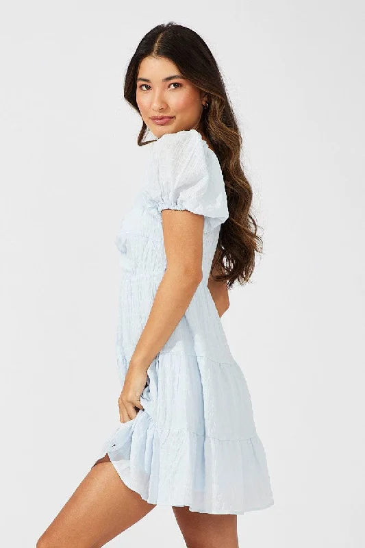 Blue Fit And Flare Dress Puff Sleeve Mini