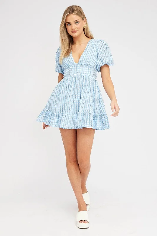 Blue Fit And Flare Dress Puff Sleeve Mini