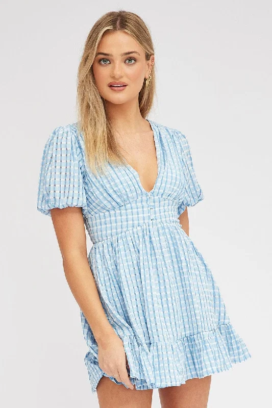 Blue Fit And Flare Dress Puff Sleeve Mini