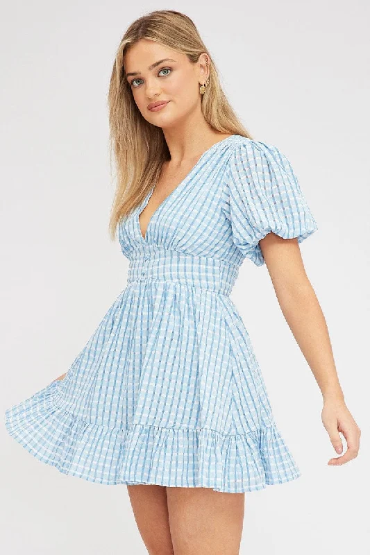 Blue Fit And Flare Dress Puff Sleeve Mini