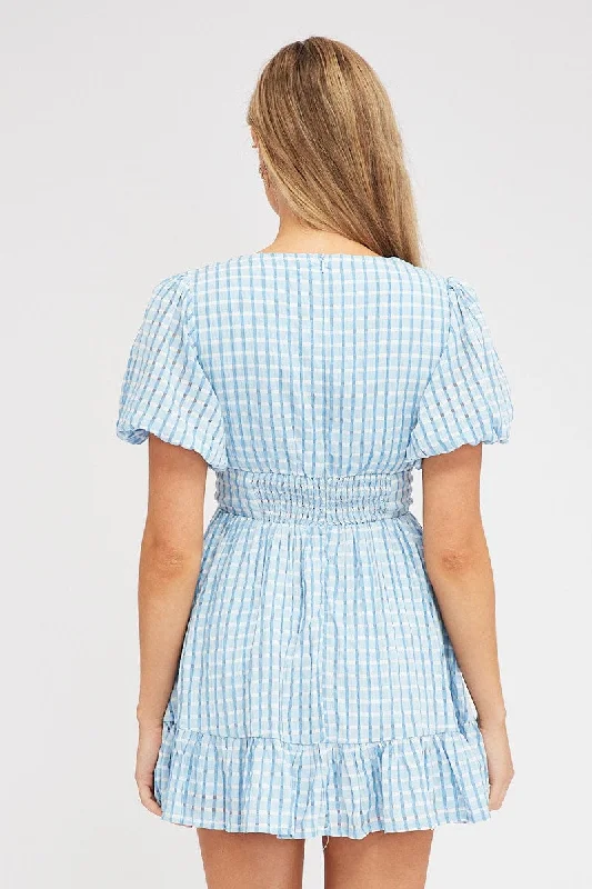 Blue Fit And Flare Dress Puff Sleeve Mini