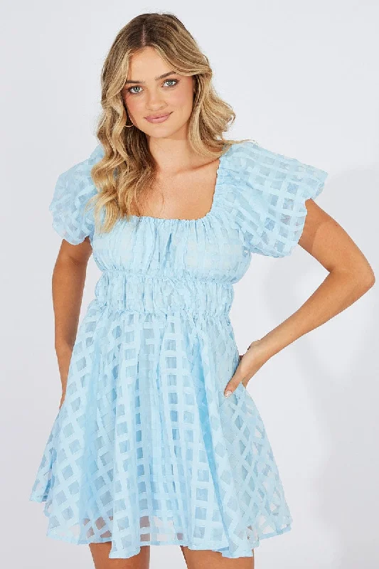 Blue Fit And Flare Dress Puff Sleeve Mini