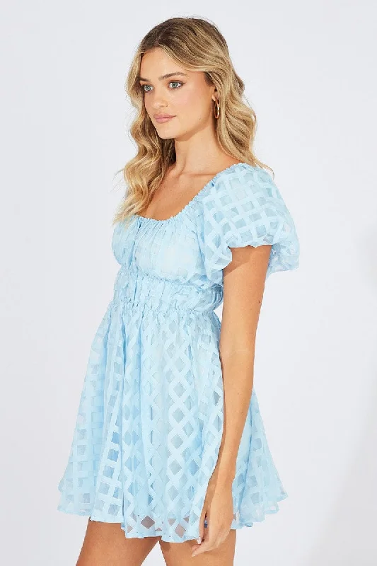 Blue Fit And Flare Dress Puff Sleeve Mini