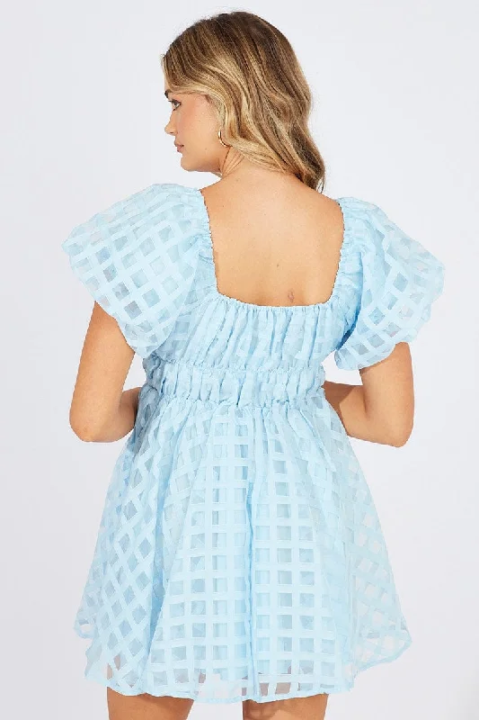 Blue Fit And Flare Dress Puff Sleeve Mini