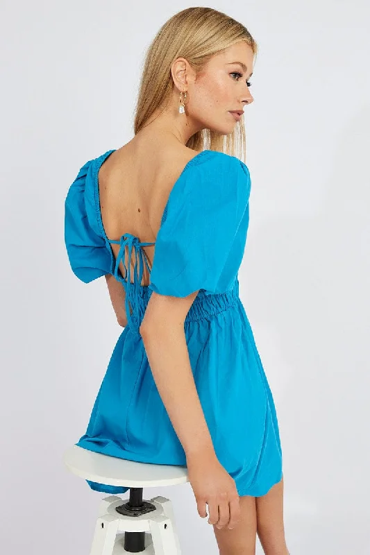 Blue Fit And Flare Dress V-Neck Mini