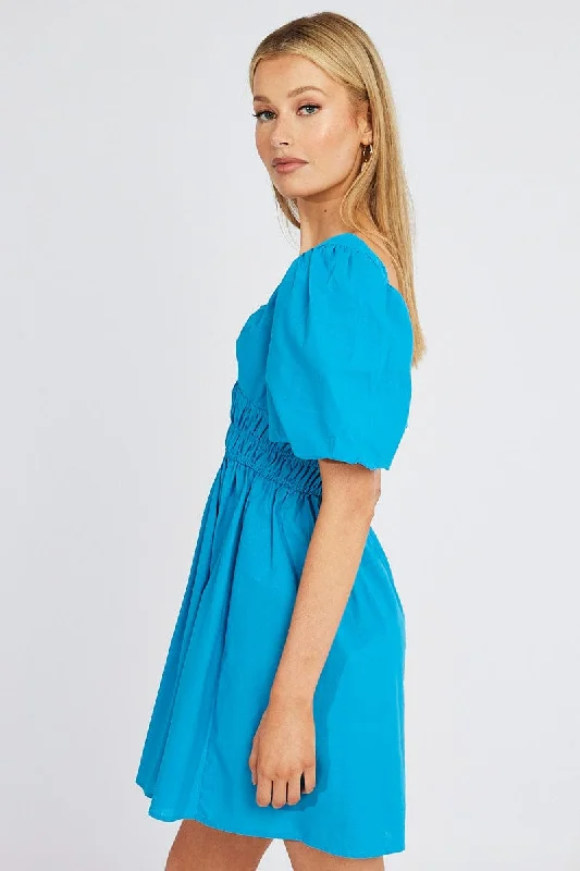 Blue Fit And Flare Dress V-Neck Mini