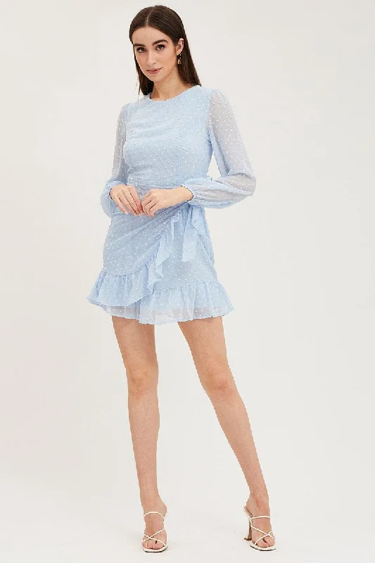 Blue Wrap Dress Long Sleeve Mini Ruffle