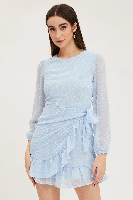 Blue Wrap Dress Long Sleeve Mini Ruffle