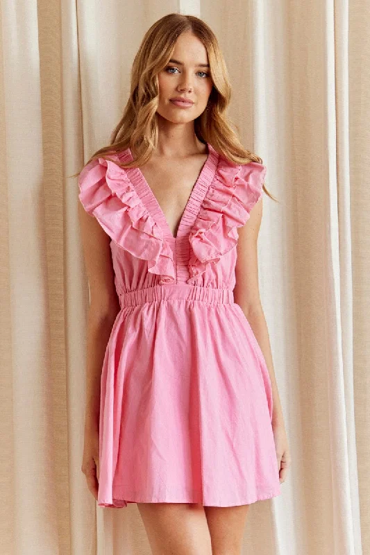 CANDY PINK Fit And Flare Dress Sleeveless Deep V Frill Mini