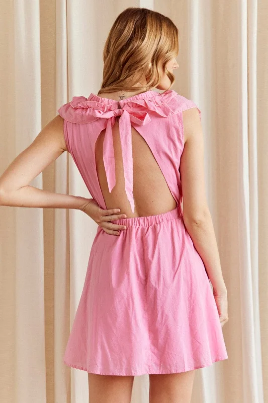 CANDY PINK Fit And Flare Dress Sleeveless Deep V Frill Mini