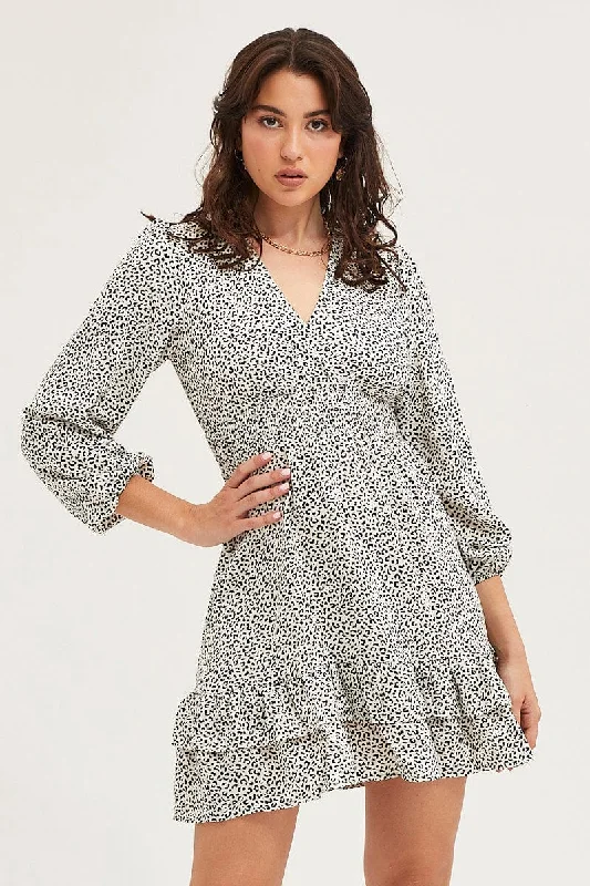 Geo Print Skater Dress Long Sleeve Mini Ruffle