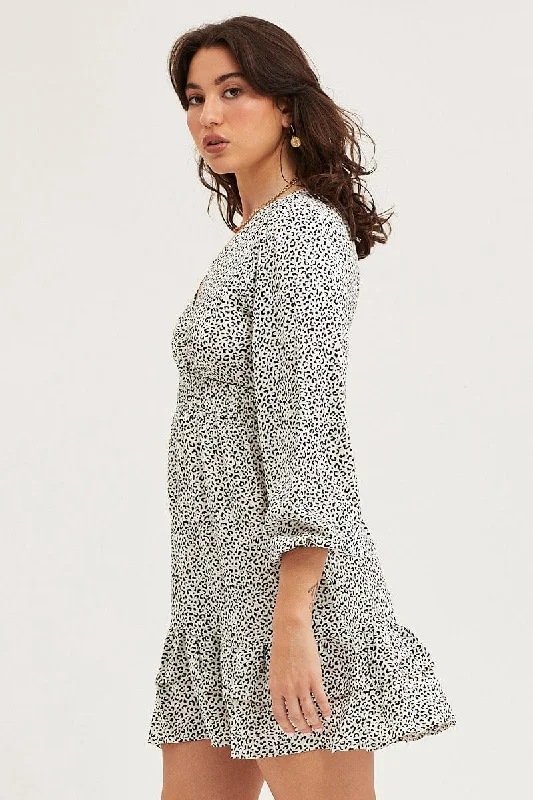 Geo Print Skater Dress Long Sleeve Mini Ruffle