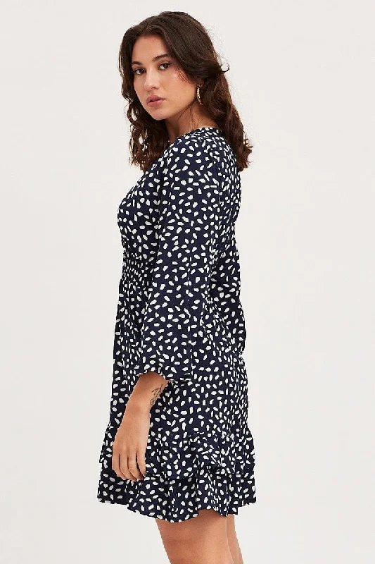 Geo Print Skater Dress Long Sleeve Mini Ruffle