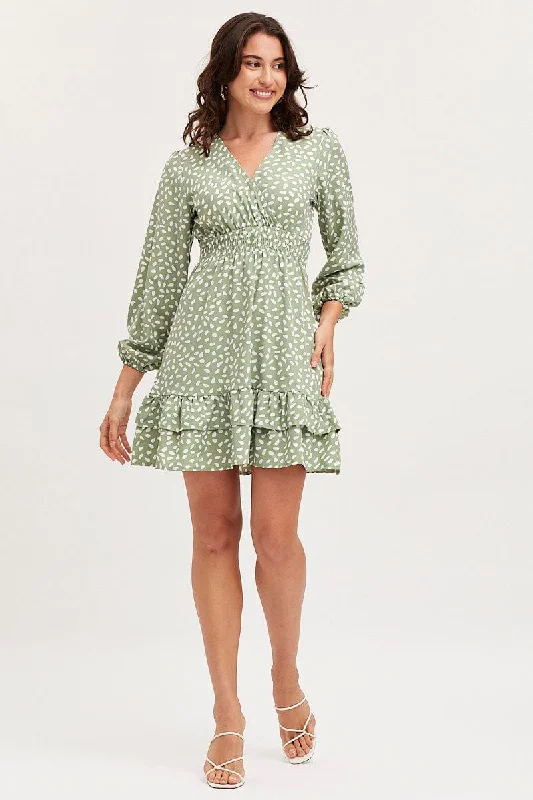 Geo Print Skater Dress Long Sleeve Mini Ruffle