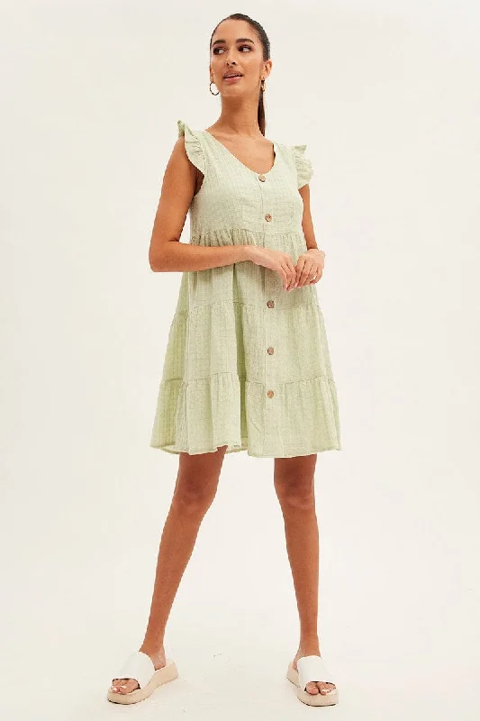 Green Button Front Mini Swing Dress