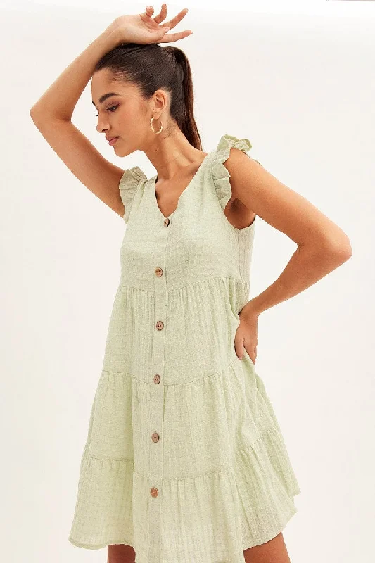 Green Button Front Mini Swing Dress