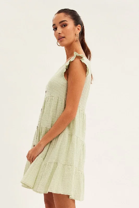 Green Button Front Mini Swing Dress