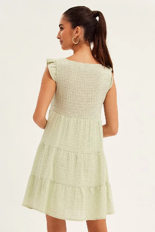 Green Button Front Mini Swing Dress