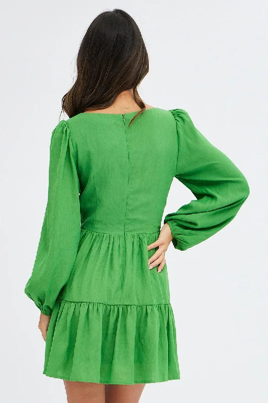 Green Fit And Flare Dress Long Sleeve Mini