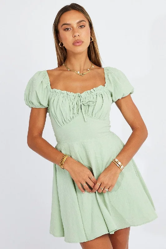 Green Fit And Flare Dress Puff Sleeve Mini