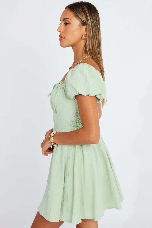 Green Fit And Flare Dress Puff Sleeve Mini