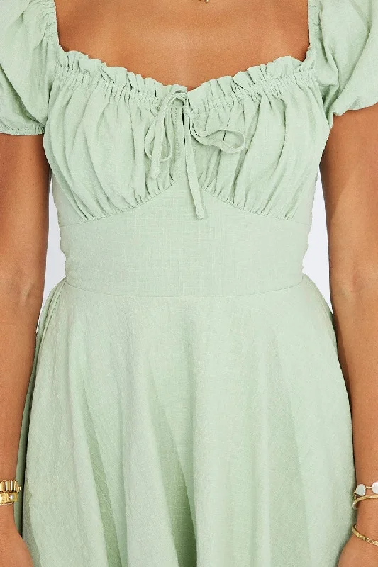 Green Fit And Flare Dress Puff Sleeve Mini