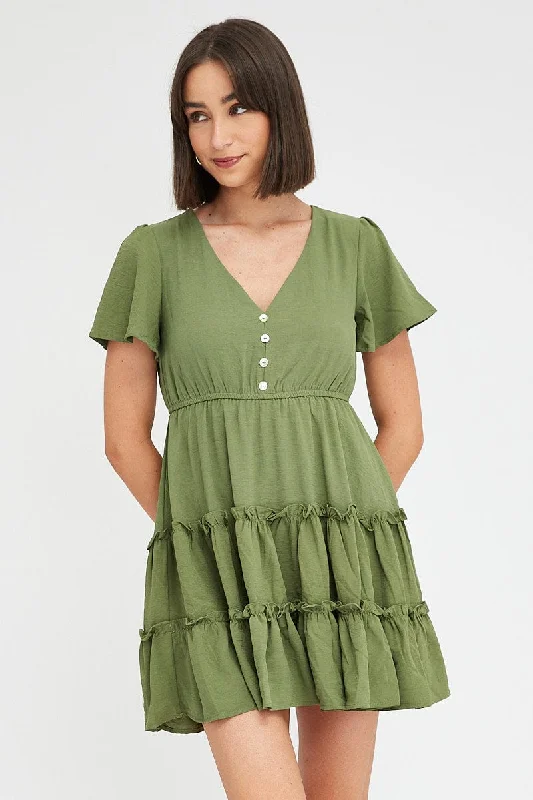 Green Fit And Flare Dress Short Sleeve Mini