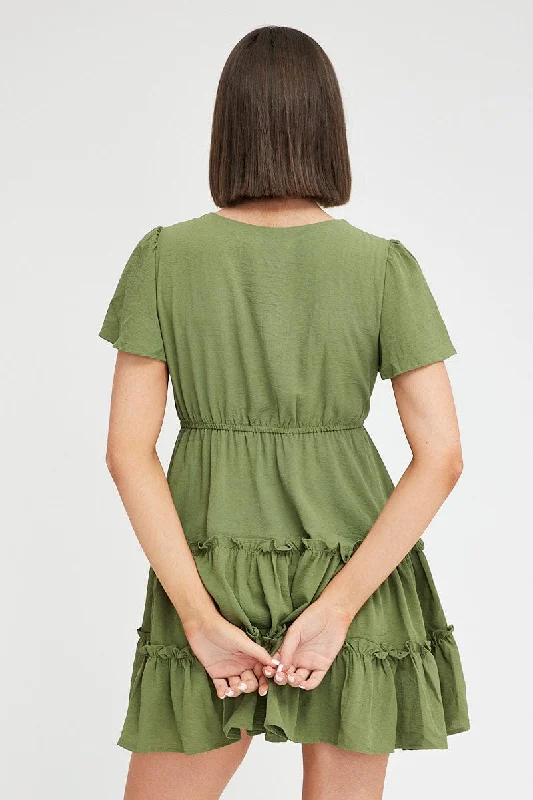 Green Fit And Flare Dress Short Sleeve Mini