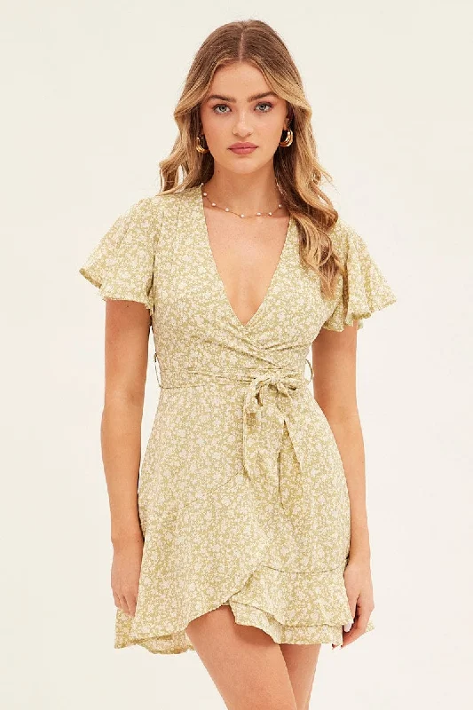 Green Floral Wrap Dress Short Sleeve Mini Fit And Flare