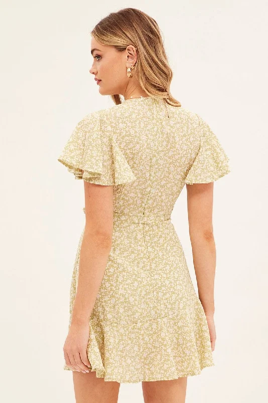 Green Floral Wrap Dress Short Sleeve Mini Fit And Flare