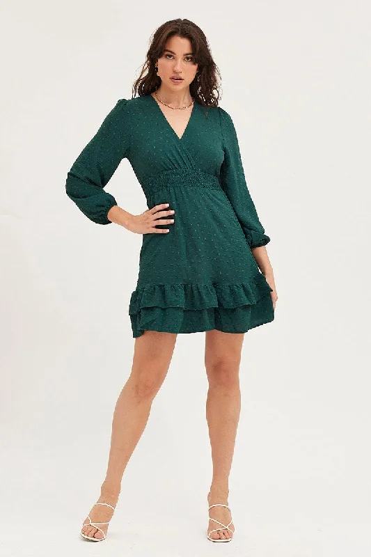 Green Skater Dress Long Sleeve Mini Knit