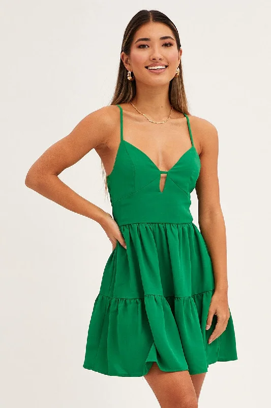 Green Skater Dress Sleeveless Mini V Neck