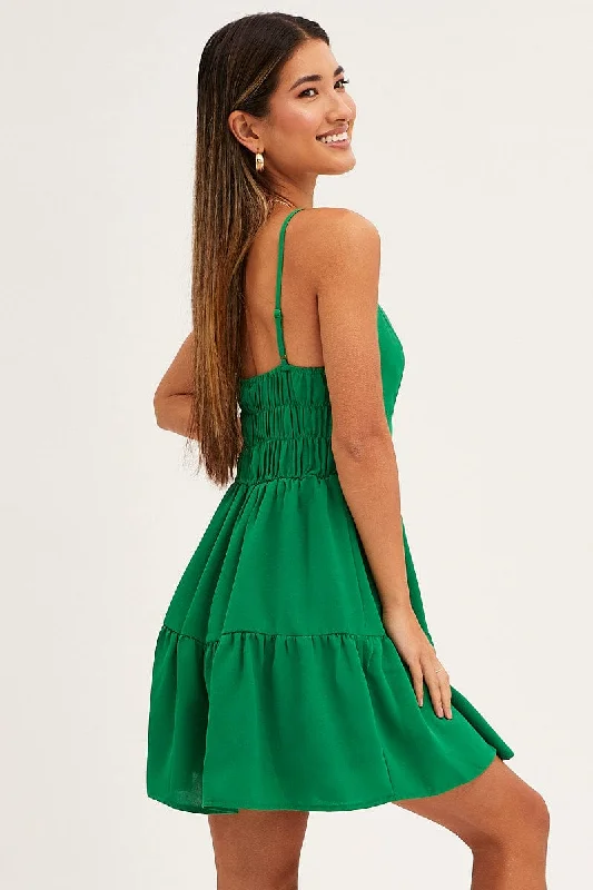 Green Skater Dress Sleeveless Mini V Neck