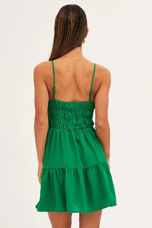 Green Skater Dress Sleeveless Mini V Neck